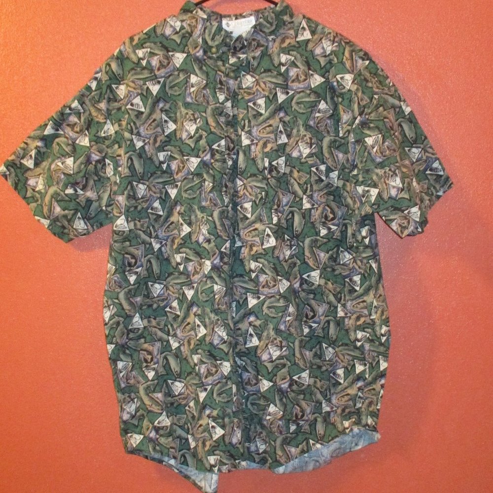 Columbia Shirt Men XX Large Green Tan Black Outdoor Fish Tackle Button Up Down